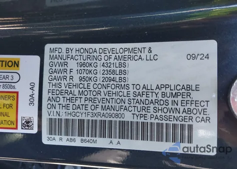 2024 Honda Accord Ex из США, поврежденный, VIN 1HGCY1F3XRA090800